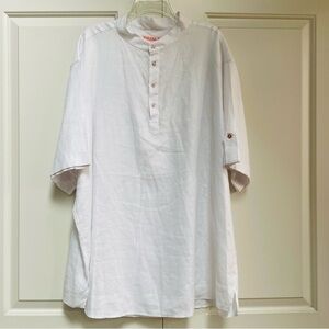 Inserch 100% Linen 1/4 Button Mandarin Collar Floral Buttons Tab Sleeve Shirt